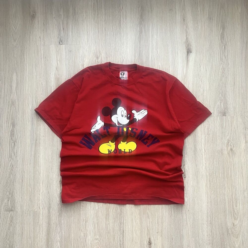 Vintage 90s Mickey Mouse Walt Disney World Spell Out T Shirt Size Large Red